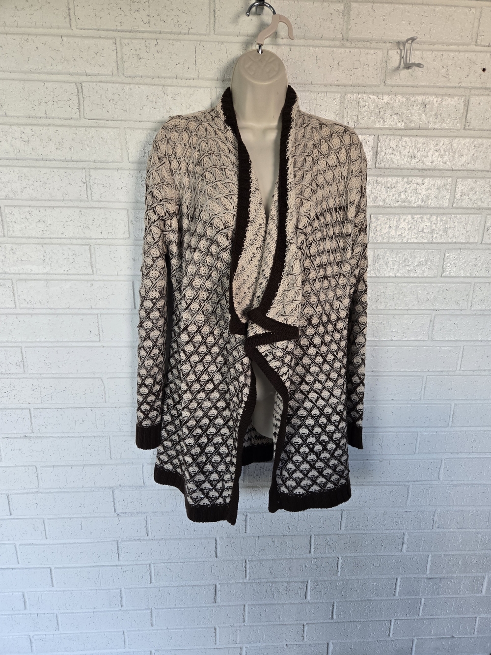 1200 Time and Tru Cream and Brown Open-Front Knit Cardigan